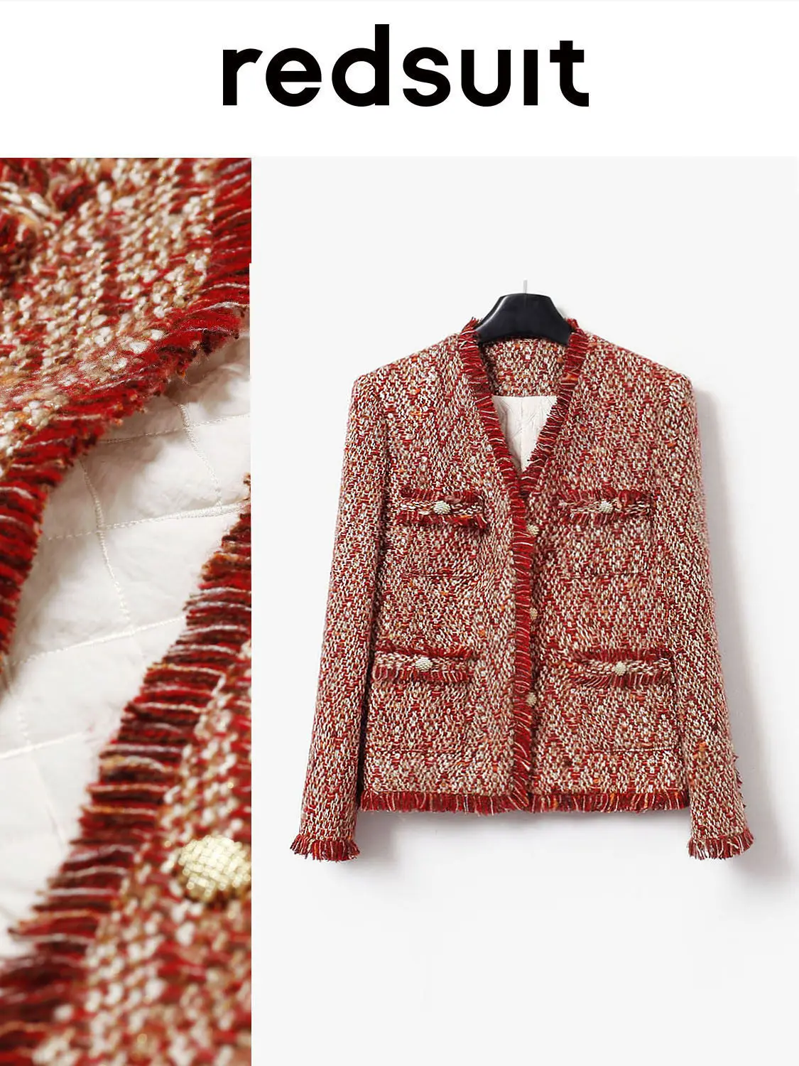 New winter cotton slimming red woven tassel coarse tweed small fragrant long jacket top Custom size