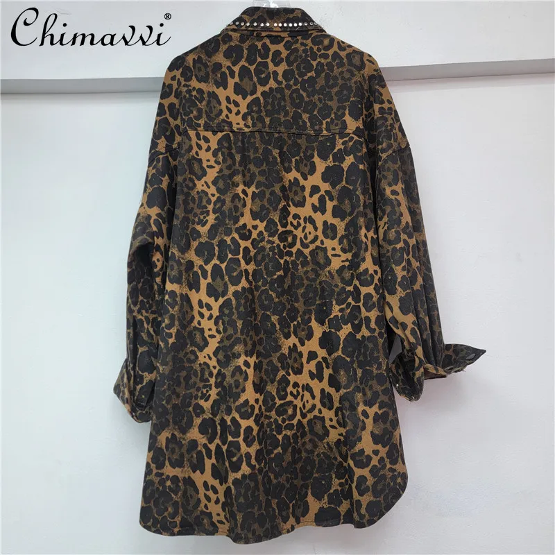 2025 Autumn New Heavy Leopard Print Beaded Retro Loose Shirt Fashion Long-sleeved Shirt Casual Versatile Streetwear Shirt Jacket