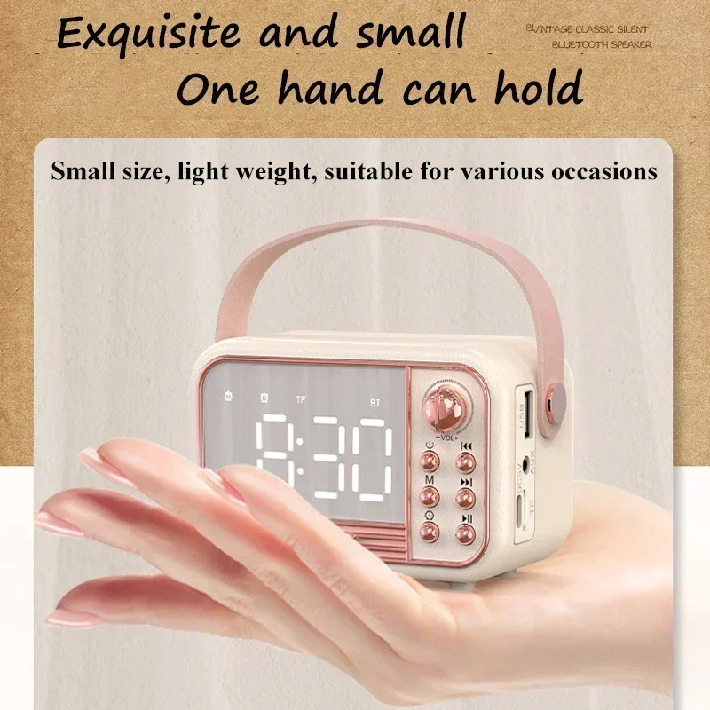 LED Mirror Classical Music Bluetooth Speaker Player HIFI Stereo Sound with Time Display Dual Alarm Clock Support TF AUX Retro