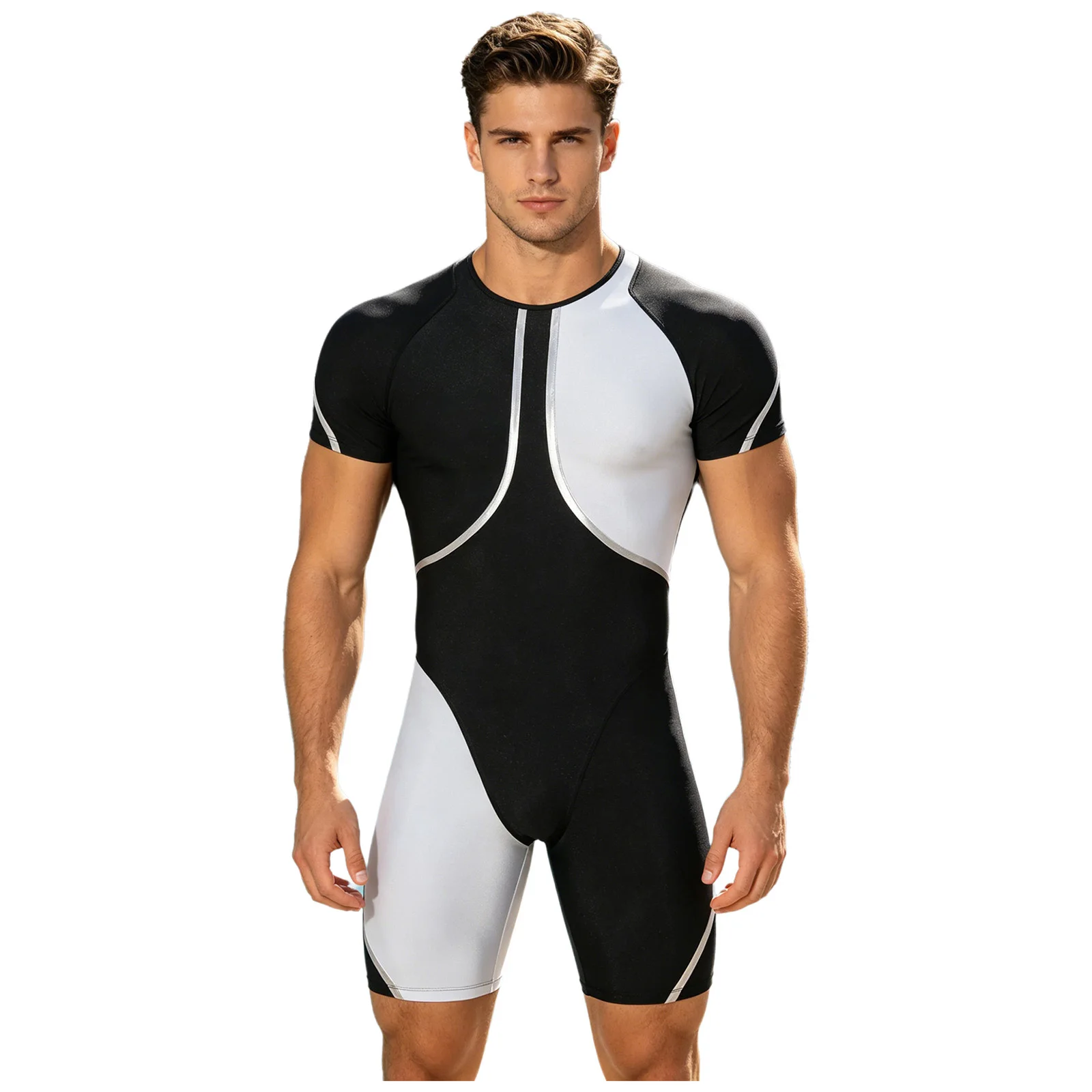 Herren-Einteiler-Rashguard-Tauchanzug, Badeanzug, kurzärmeliger Sport-Bodysuit mit Rückenreißverschluss und metallischem Besatz. – Detail 6