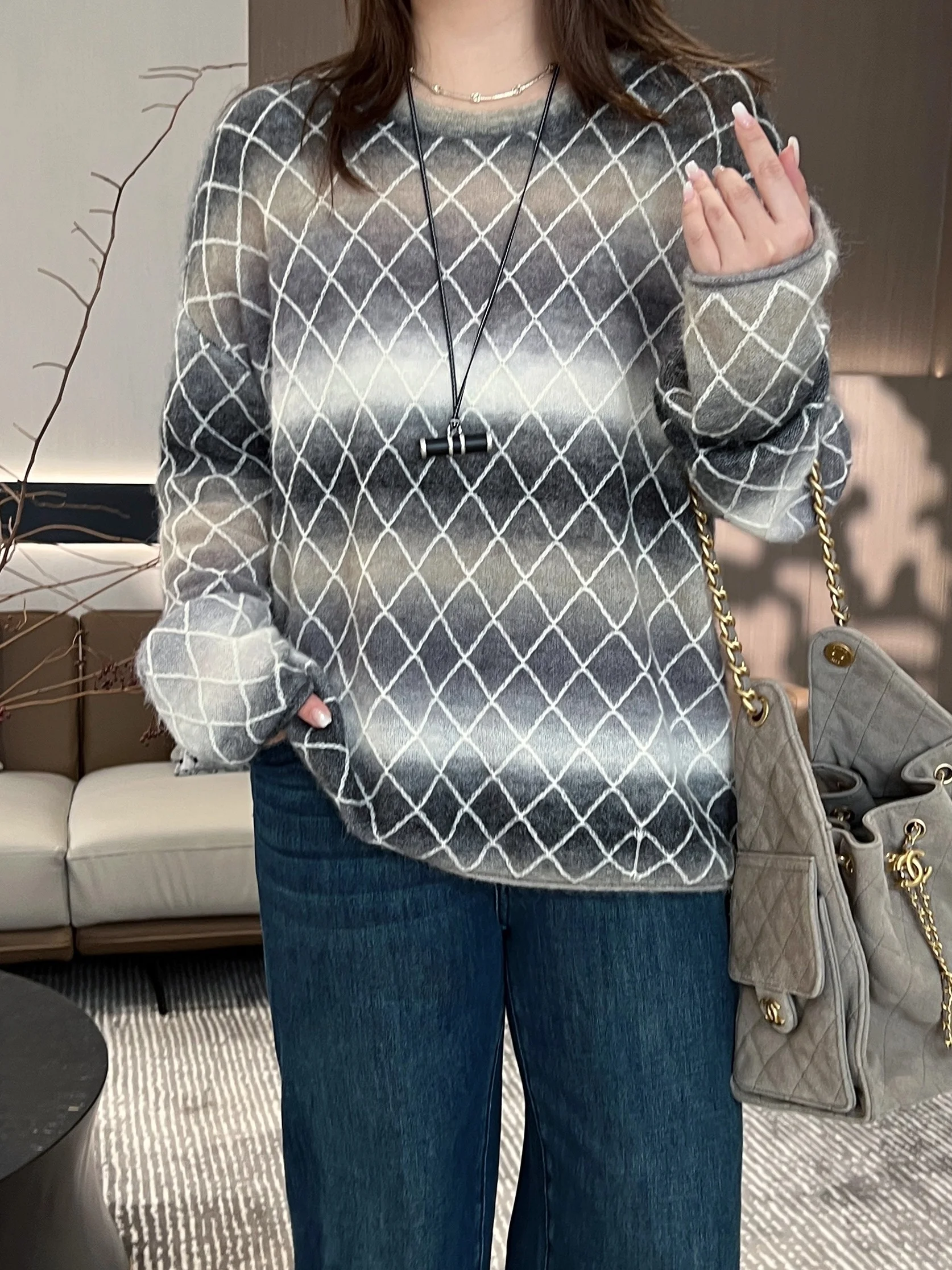 

adual Color adient Alpaca Wool Sweater Large Size Women's Faion Commute Sle Diamond Pattern Warmth Autumn Winter