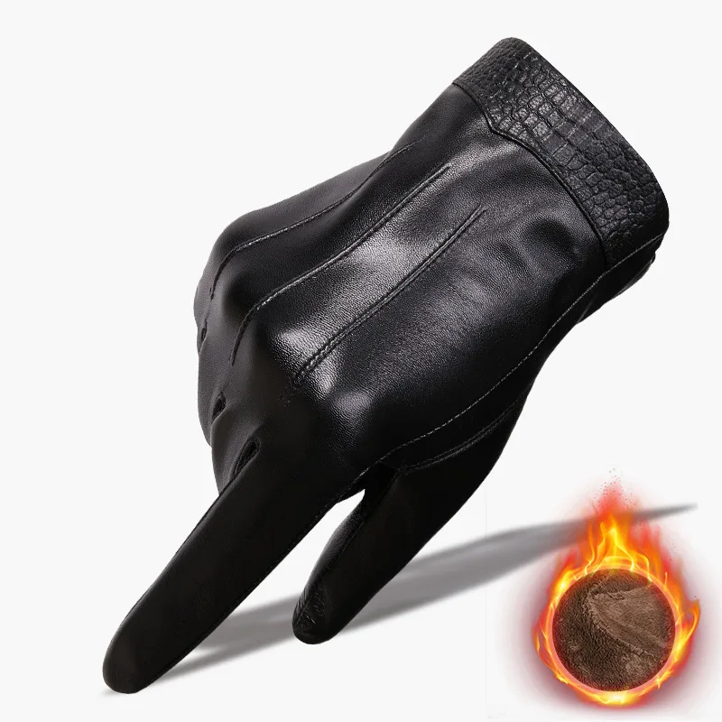 

Men's Sheepskin Gloves, Velvet Lined, Thickened, Warm, Winter Cycling, Motorcycle Mittens, Touch Screen, Genuine Leather