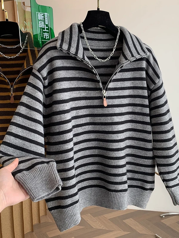 

Women's Thiened Winter Knitwear Casual Loose Fit High Collar Stripe Patterned Sweater Warm Base Layer irt f Zip Design