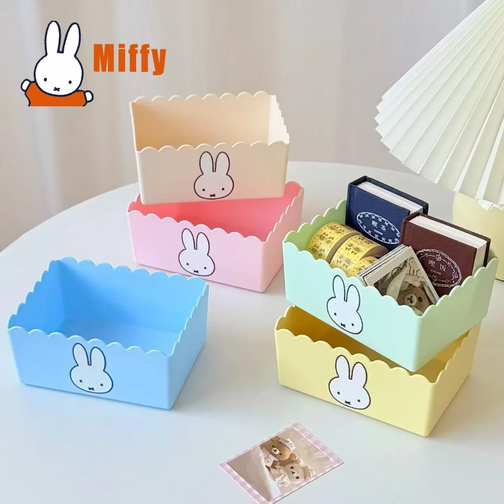 Kawaii Miffy Desktop Storage Box Cute Rabbit Plastic Organizer Bin Wave Edge Macaron Pastel Stationery Snacks Sundries Home Gift
