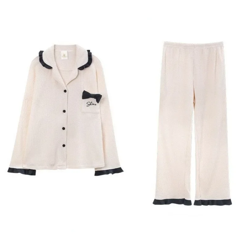 2024 New Pajamas Women's Spring and Autumn Waffle Long Sleeve Loungewear Casual and Simple Wearable Homewear Suit Two Piece Set