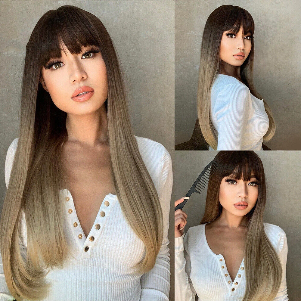 

Long Straight Wigs Ash Brown Blonde With Bangs Natural Fanshion Daily Party Use