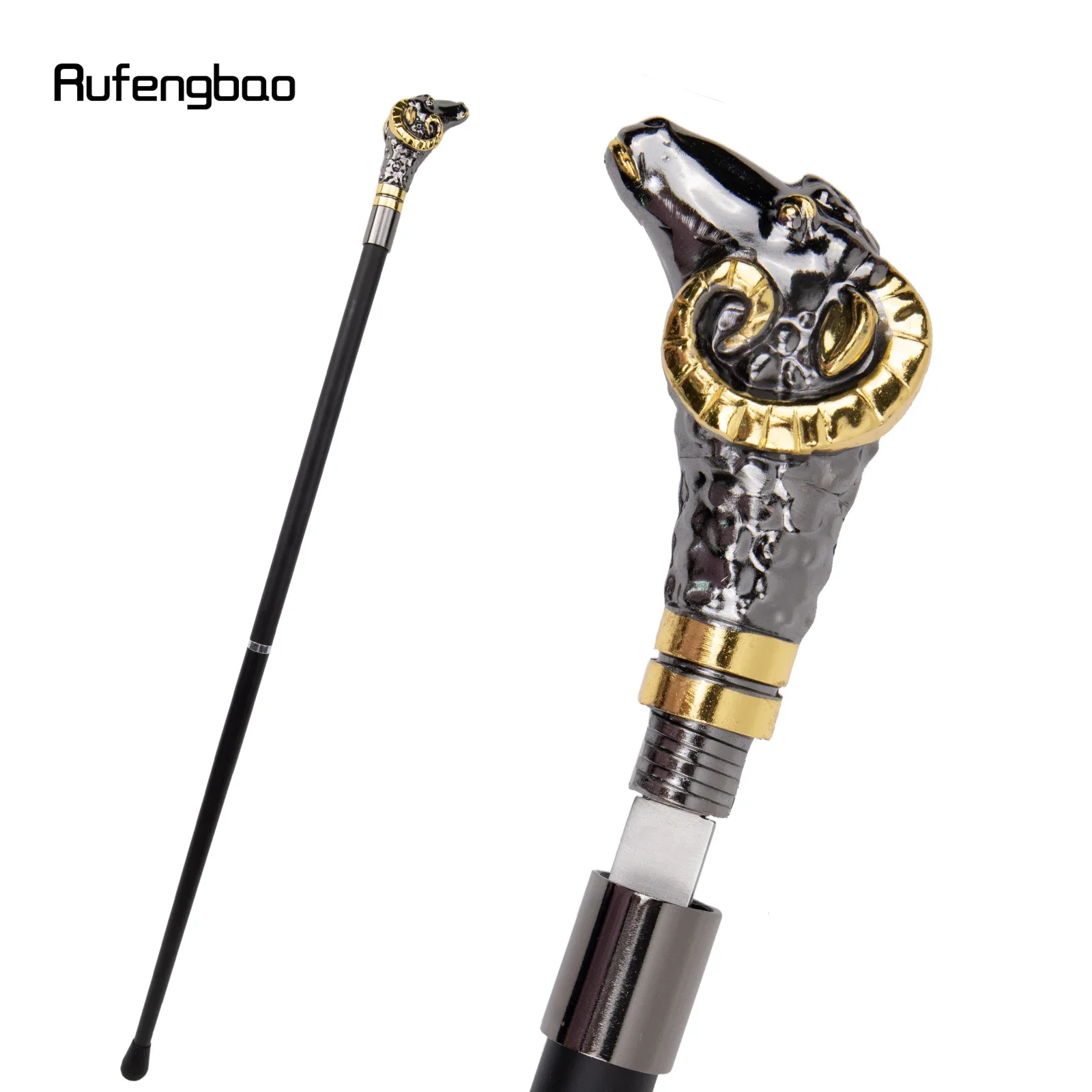 Golden Black Goat Sheep Handle Luxury Walking Stick with Hidden Plate Self Defense Fashion Cane Plate Cosplay Crosier Stick 90cm