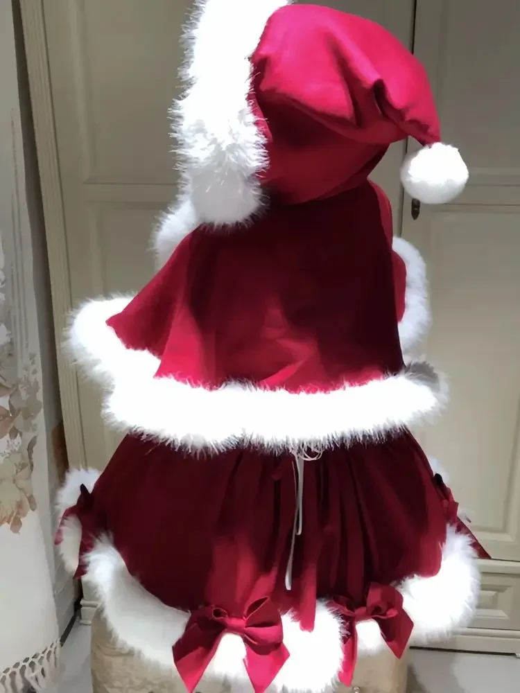 Christmas Winter Clothes New Japanese Soft Girl Lolita Hooded Cloak Vintage Y2k Robe Princess Sling Short Dress Suit