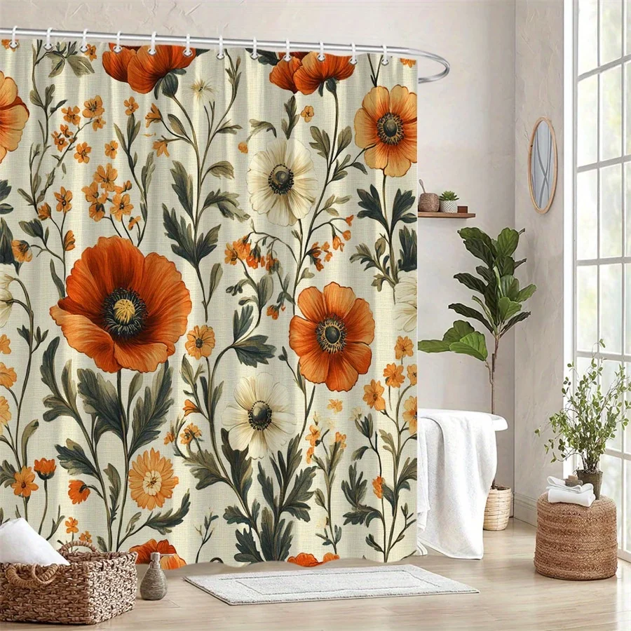 

1 шт. Занавеска для душа с оранжевыми маками и белыми ромашками — яркий цифровой цветочный дизайн на мягком кремовом холсте, прочная полиэфирная ткань