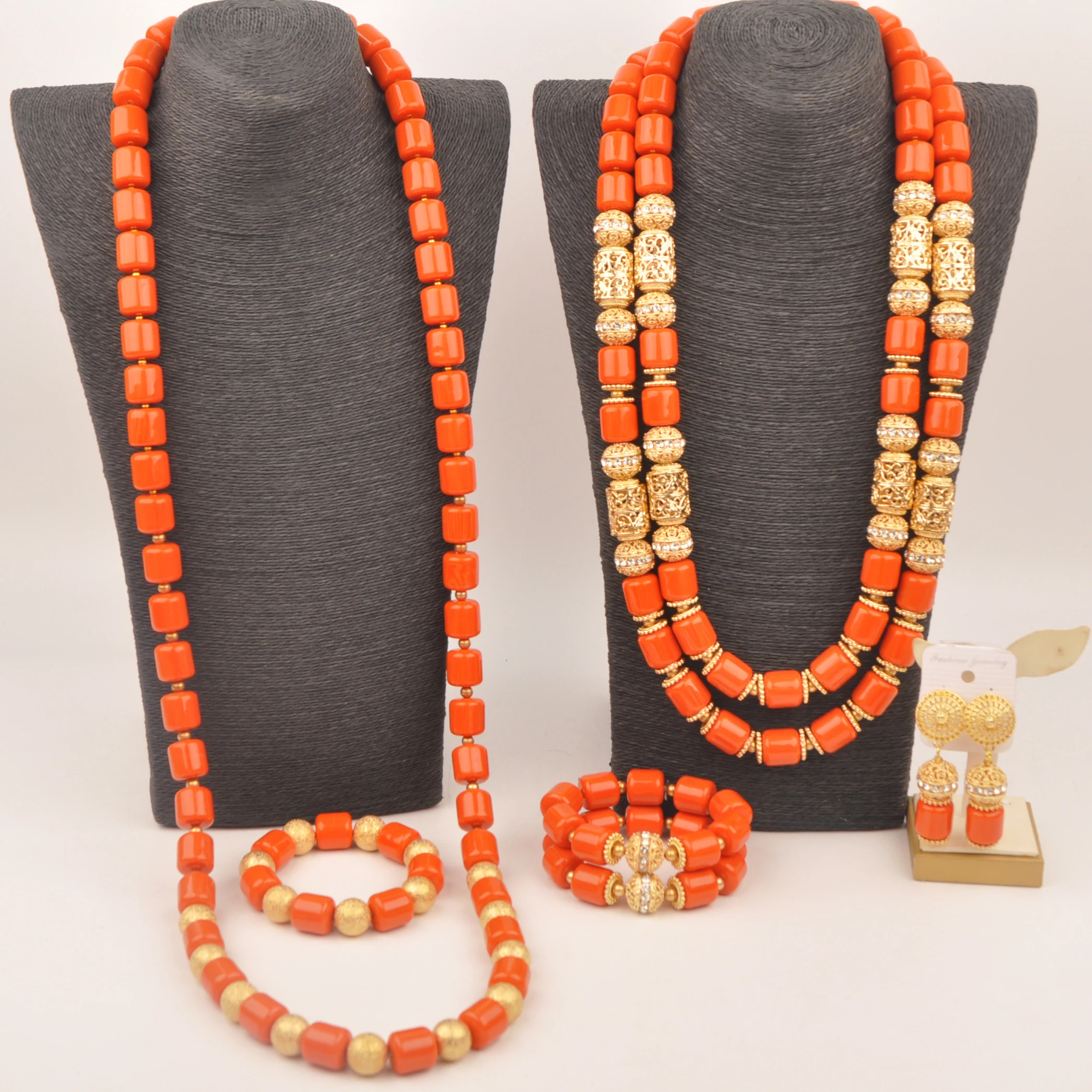 

Nigerian Couple Wedding Set Orange Artificial Coral Beads Jewelry Set