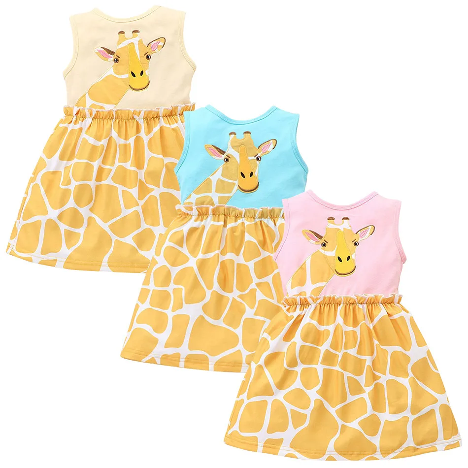 Summer Cartoon Fashion Refreshing Girl Sleeveless Dress Cute Children Giraffe Print Dress Girls Party Dress Children Clothing