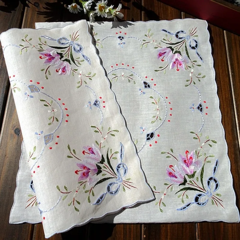 الرجعية الصناعة الثقيلة اليد المطرزة زر قفل الأزهار القوس غطاء من الكتان وشاح مربع 35 سنتيمتر #1