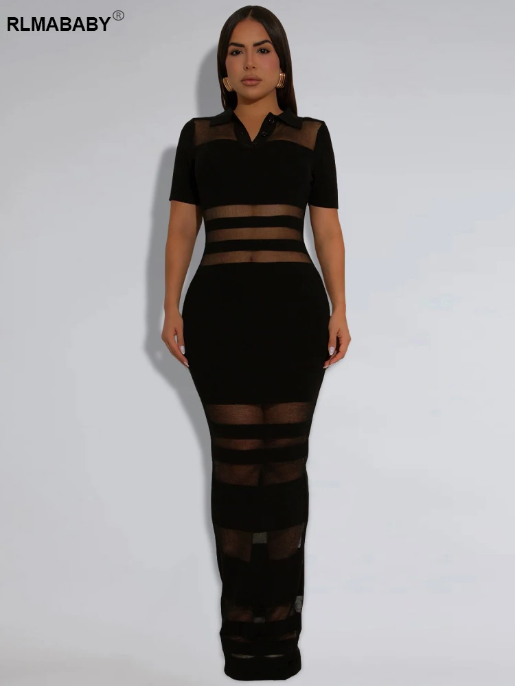 RLMABABY Sexy Sheer Mesh Gespleißt Frauen Lange, Figurbetontes Kleid Umlegekragen Kurzarm Taste Patchwork Casual Mantel Maxikleid