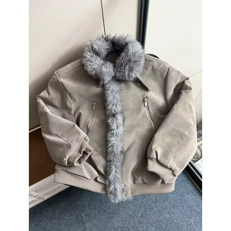 

Winter Large Size 250 Pounds Rustic Mountain Eagle Cotton Jacket Loose Deconstructed Faux Fur Collar Men's Outerwear