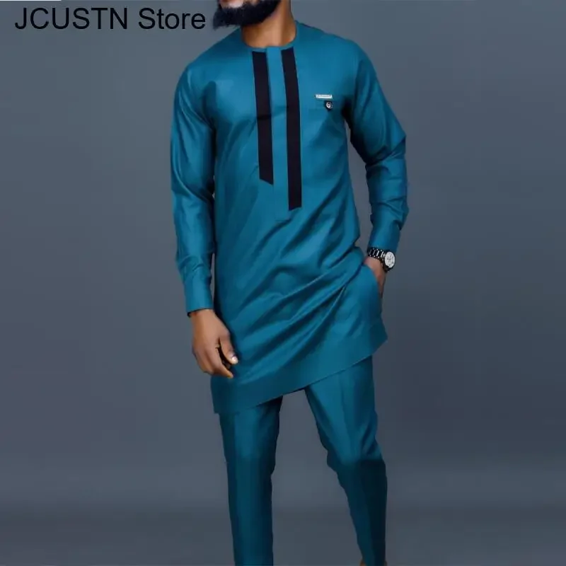 Moda Casual Blu Navy 2 pezzi Camicia e pantaloni Outfit Big Size 3XL 4XL Elegante streetwear Abiti eleganti tradizionali da uomo africano