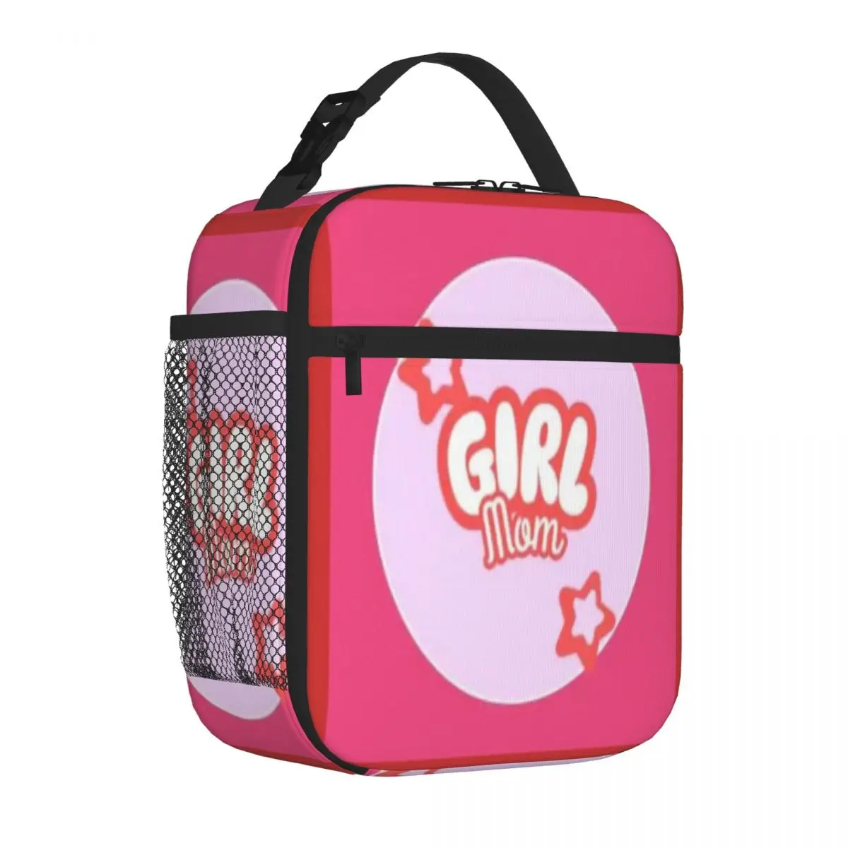 Hot Sale Pink Circle With Girl Mom Text And Stars School Style Canvas Lunch Bag Train Ride School Lunch Bag