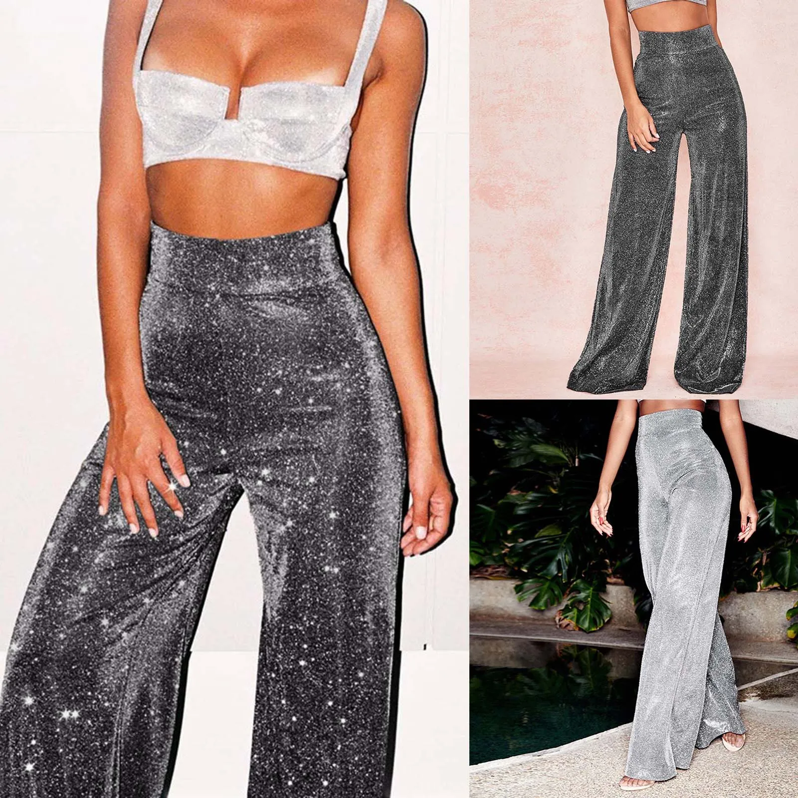 

Women's New Fashion Shiny High Waisted Flared Pants Streetwear Casual Wide Leg Long Pants Trousers Glitter Party Clubwear