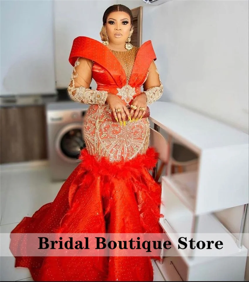 Luxury Red Mermaid Evening Dresses Long Sleeves Bead Diamond Pearls Feathers Birthday Dress Formal Prom Party Aso Ebi Customized