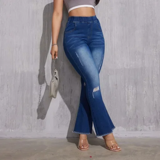 Denim Flare Pants Women Hole Jeans Boot Cut Stretch Elastic Waist Distressed Washed Streetwear Ankle Length Trousers 2025