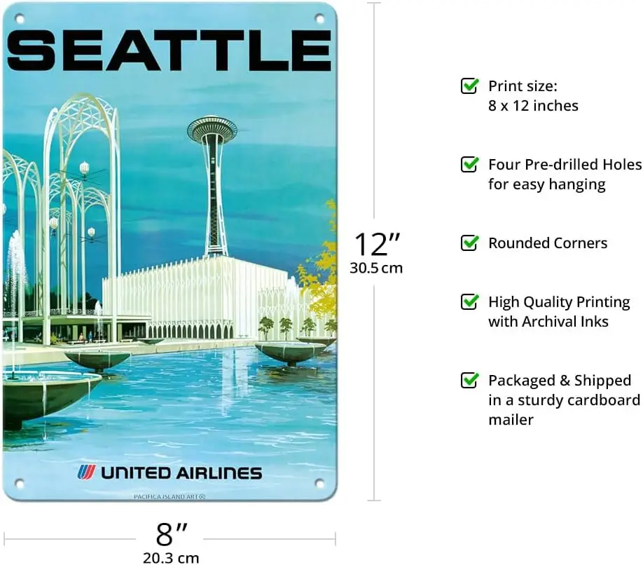 Pacifica Island Art Seattle - Space Needle and Seattle Center - United Airlines - Vintage Airline Travel Poster by Albert Hollen