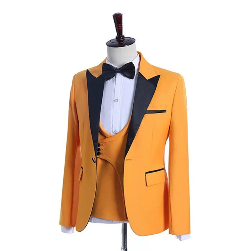 

Hombres Terno Suits for Men Jacket Pants Vest Three Piece Orange Single Breasted Black Peaked Lapel Slim Fit Wedding Fashion