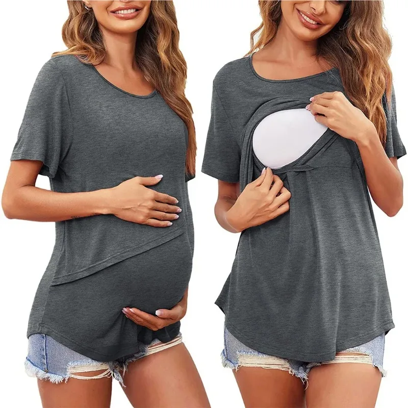 

Pregnant Women's Soft Comfortable Fashionable and Irregular Breastfeeding Top New Round Neck Anti Light Short Sleeved T-shirt