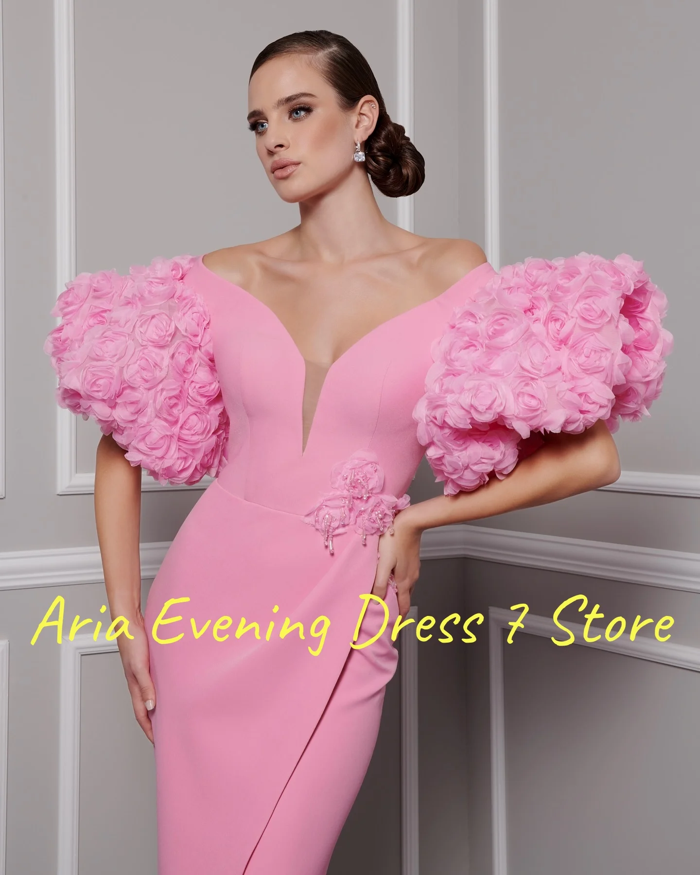 Robe de soirée de forme sirène, Jersey délicat personnalisé, fleurs 3D, tempérament, col en v, robes de célébrité, sur mesure