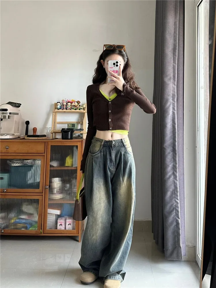 

American Retro Pleated Cement Grey Wide Leg Straight Cut Jeans Women Loose Drapey Tall Extended Floor Length Pants