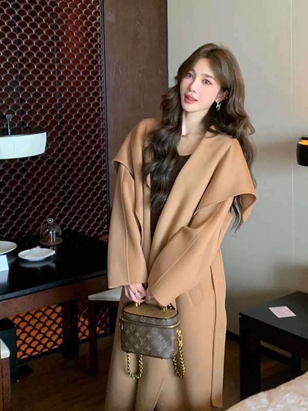Khaki Double-Faced Cashmere Coat Women's Mid-Length Large Collar Woolen Outerwear Korean Style Commute Warm Flattering