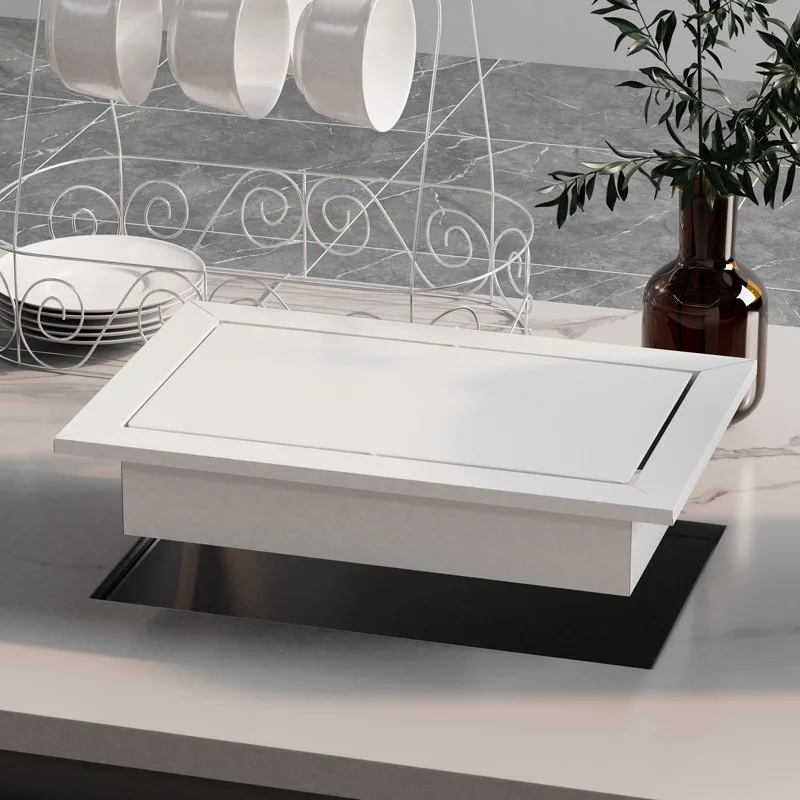 Kitchen White Recessed Stainless Steel Trash Can Lid Toilet Countertop Rectangle