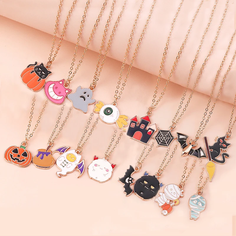 Aihua 4pc Cute Enamel Halloween Necklace Set Pumpkin Bat Mummy Witch Skeleton Eyeball Necklace for Women Halloween Party Jewelry