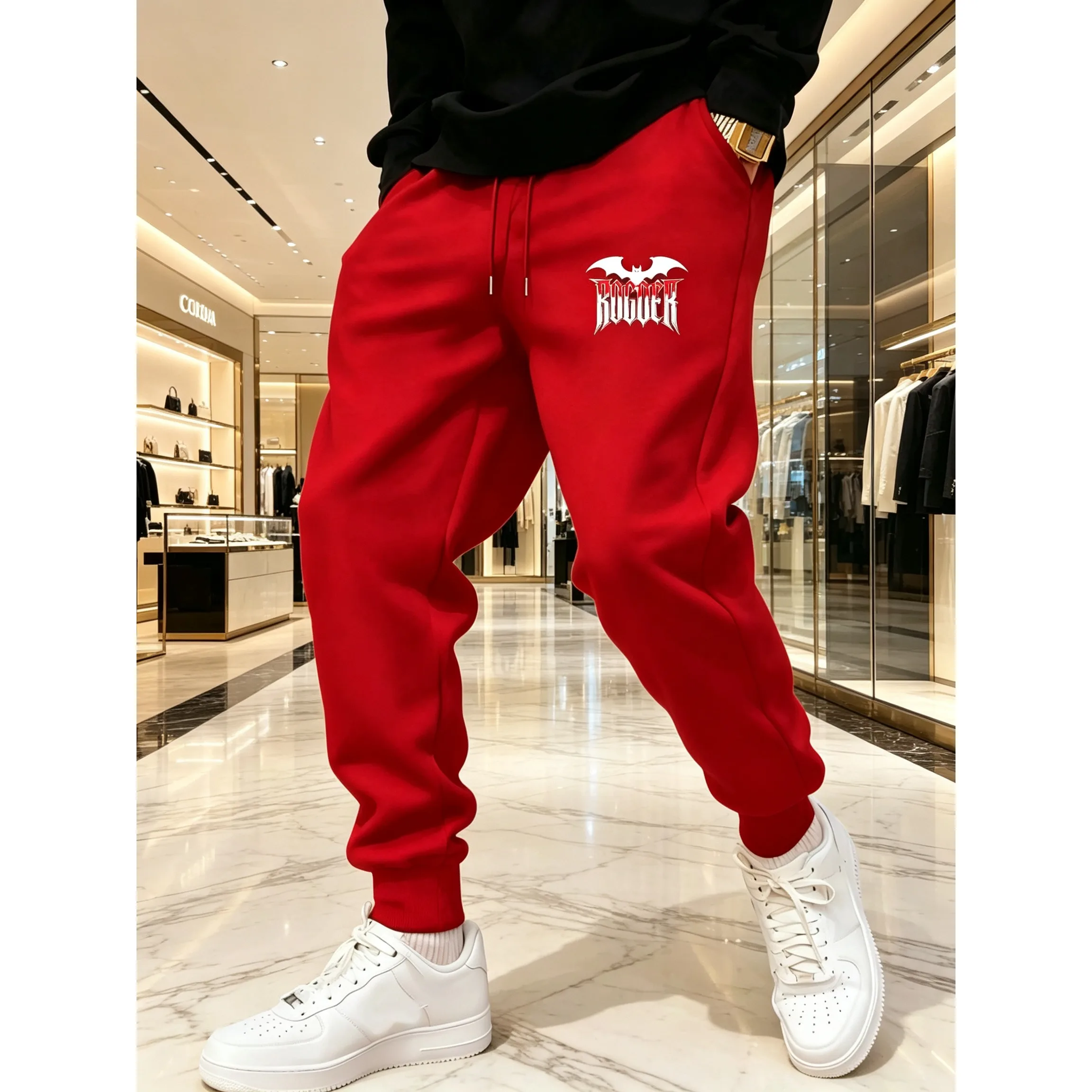 Unisex-Jogginghose mit Fledermaus-Logo und ROCKER-Aufdruck, Bündchenhose mit Kordelzug, weicher Stoff für Fitnessstudio, Outdoor, Herbst, Winter, Alltag. – Detail 4