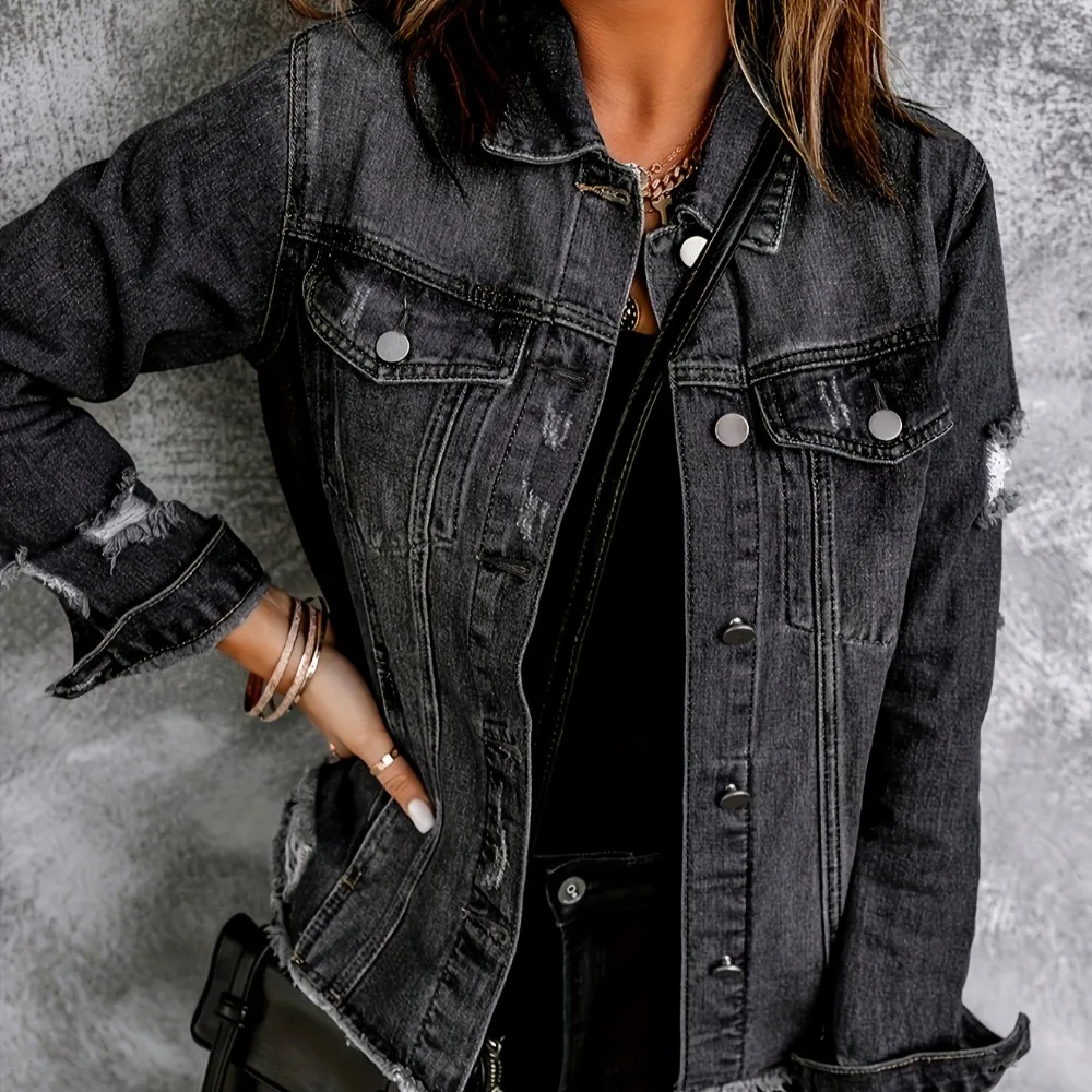 2024 Winter New Women's Black Ripped Denim Jacket Fashion Long Sleeve Slim Raw Edge Jeans Coat Casual Women's Clothing XS-L