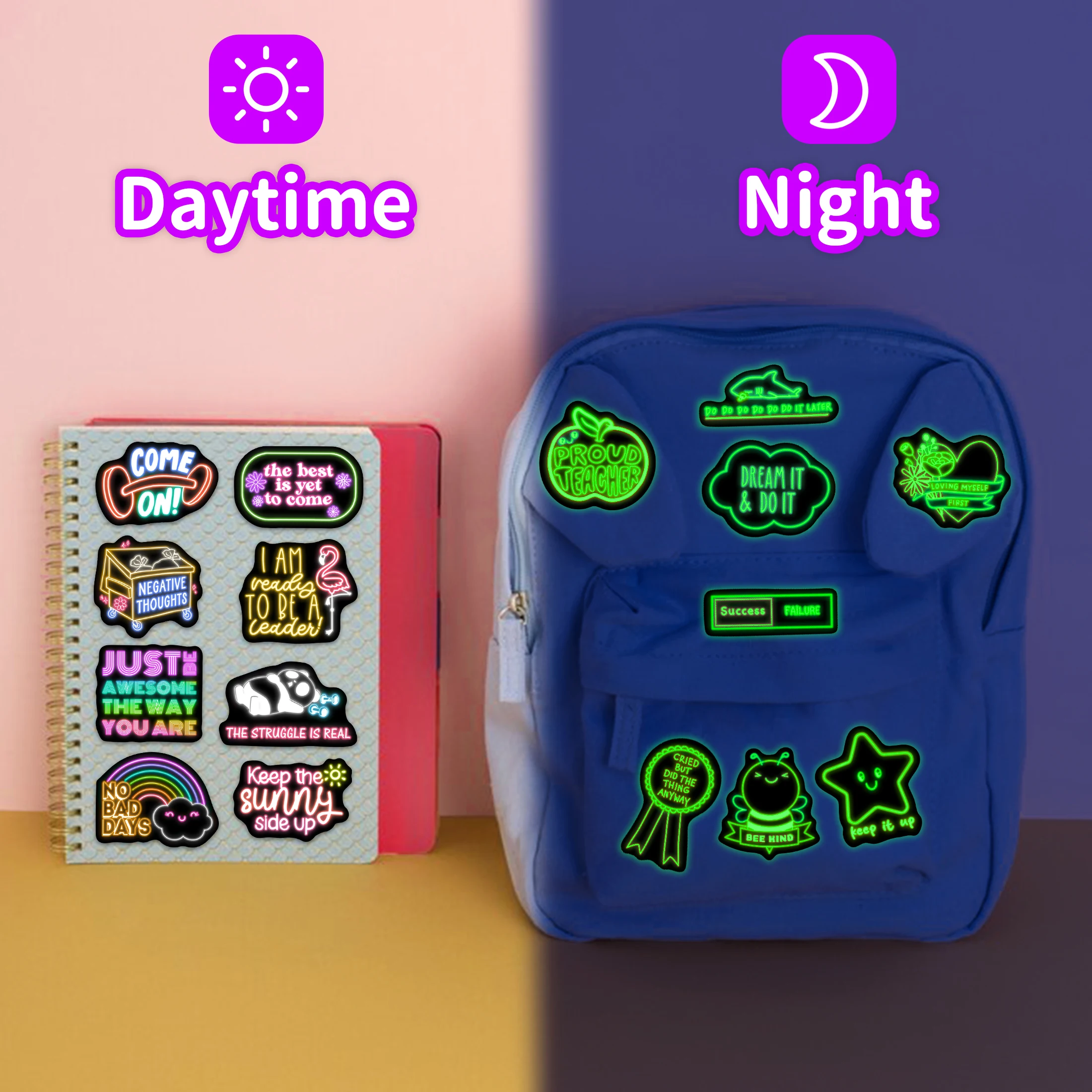 50 pçs neon sorte padrão brilho no escuro adesivos decalques de vinil à prova dwaterproof água computador caso do telefone decoração para crianças presentes diy