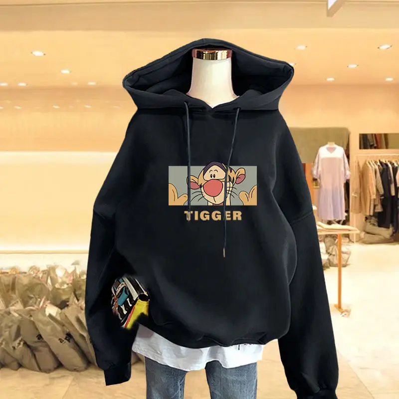 Fashion Printed Cartoon Lace Up Hooded T-Shirt Female Clothing 2023 Autumn Winter Loose Casual Tops Fake Two Pieces Tee Shirt