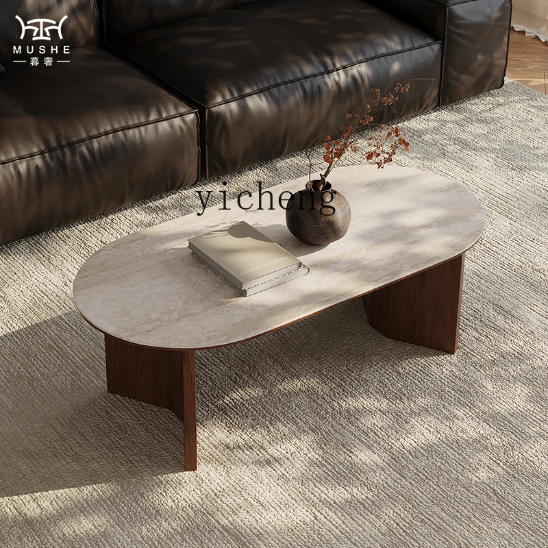 TQH oval travertine rock slab coffee table retro living room home simple creative solid wood coffee table