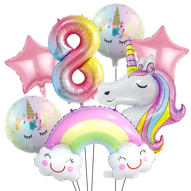 Regenbogen-Einhorn Geburtstagsdekoration Tischgeschirr Becher Teller Servietten Einhorn-Ballon-Set Hintergrundbanner Geschenktüten Mädchen-Party-Zubehör – Detail 35