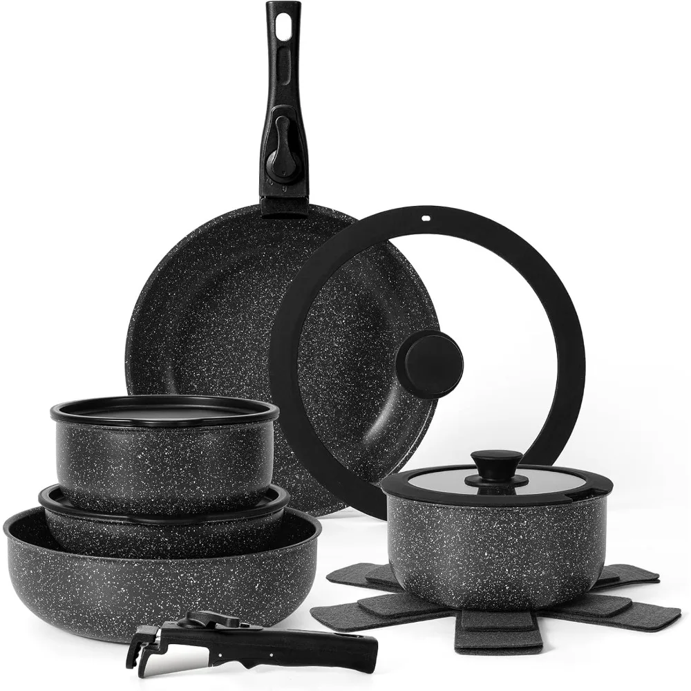 

15Pcs Pots and Pans Set Non Stick,Cookware Sets with Detachable Handle,Nonstick RV Kitchen Cooking Set Removable Handles