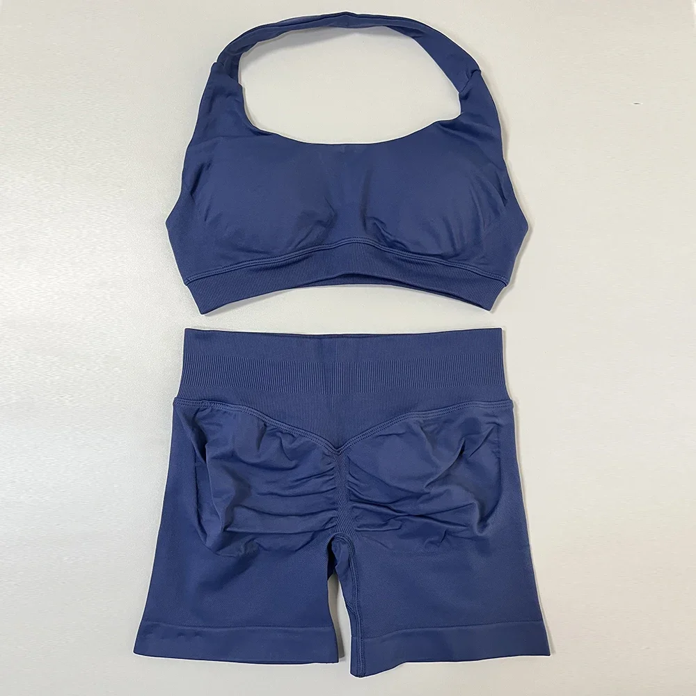 

Seamless Yoga Set Women Gym Clothes Halter Sport Bra Matching Yoga Shorts 2 Piece Sets Workout Suits Outfit Fitness Impact Set