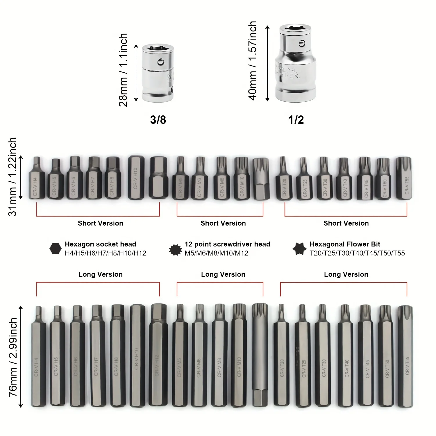 40PCS Screwdriver Bit Set, Chrome Vanadium Steel Driver Bit Set,1/2inch 3/8inch Drive Impact Socket Bit Tool Set