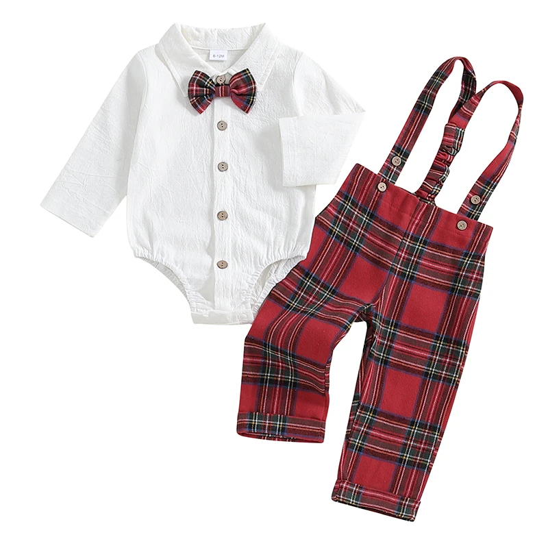 Baby Boy Gentleman Outfit Solid Long Sleeve Lapel Neck Romper with Plaid Suspender Pants and Bow Tie 3 Pcs Set