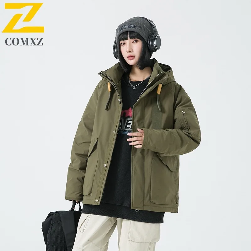 COMXZ Men Puffer Jacket Outdoor Hooded Adventure Climbing Travel Windproof Warm Camping Padding Coat Loose Snow Winter Padding