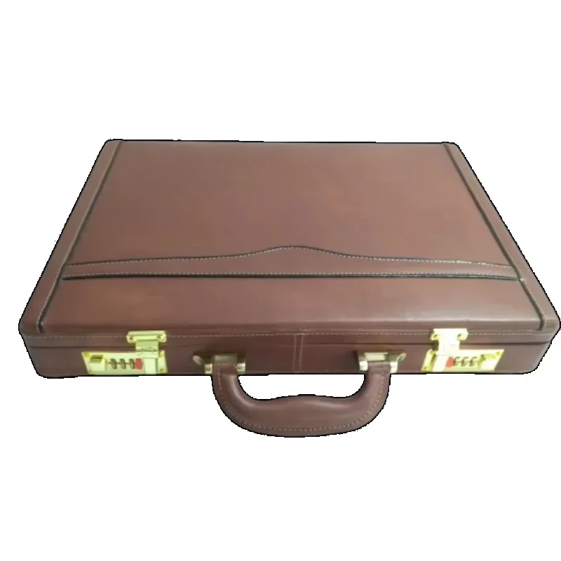 Unisex Fashion Briefcase Leather Brown Goatskin Office Briefcase with Multiple Pockets Zip Seal Laptop