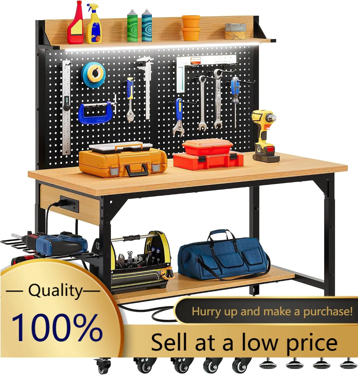 47.2in Heavy Duty Workbench with Pegboard & LED on Wheels 1100lb Load | Adjustable Height, LED Light, AC/USB Outlet, Storage She