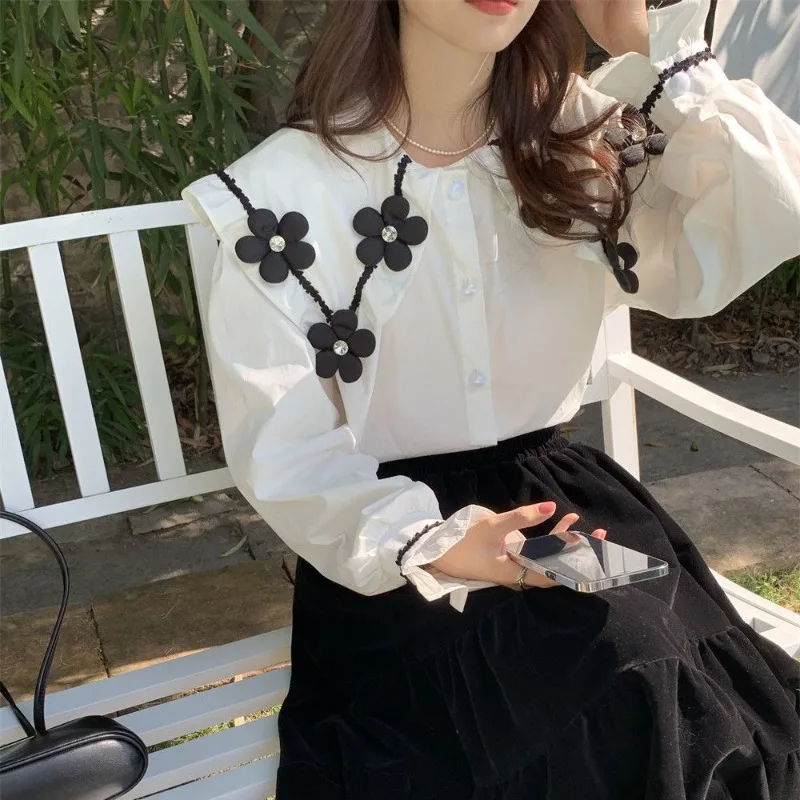 Women Shirt Design Unique White Peter Pan Collar Top Autumn Korean Fashion All-match Streetwear Sweet Lovely Girls Chic Gentle