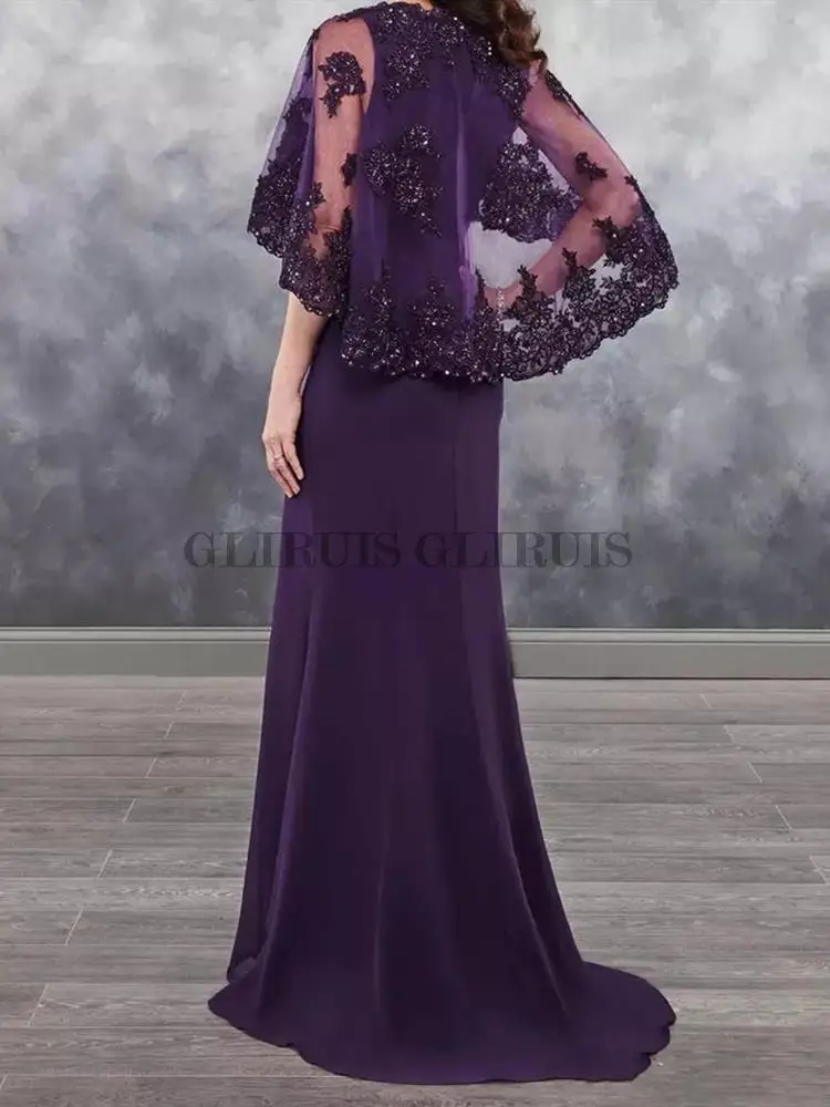 Vestido largo púrpura con capa para madre de la novia, chal envolvente, lentejuelas brillantes, encaje, fiesta de boda, vestidos de noche para madre del novio