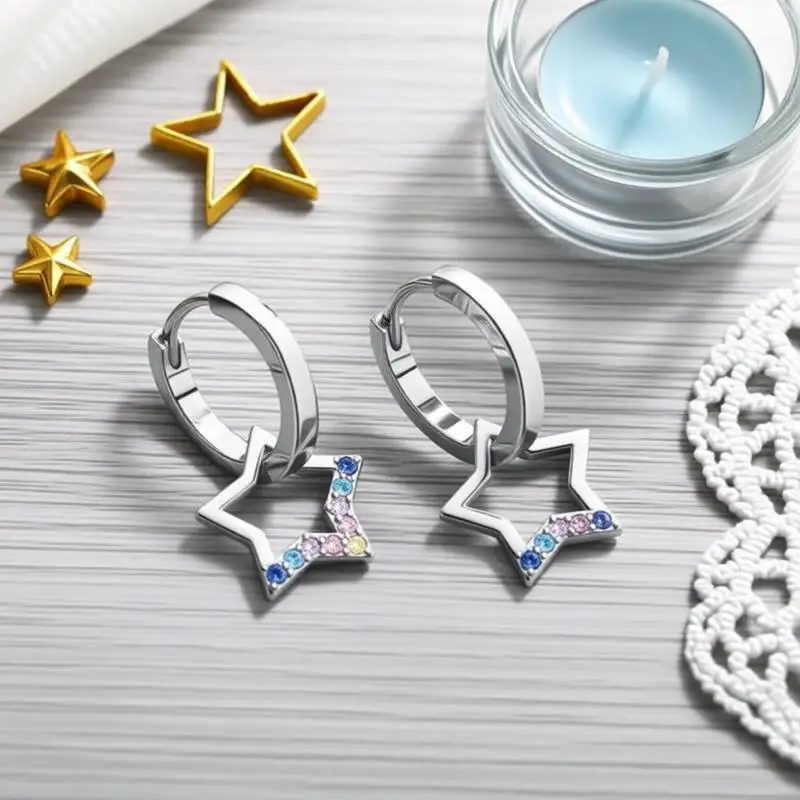 Shining 925 Sterling Silver Stars Rainbow Cubic Zircon Drop Earrings for Women Girls Wedding Party Trendy Jewelry Gift Accessory