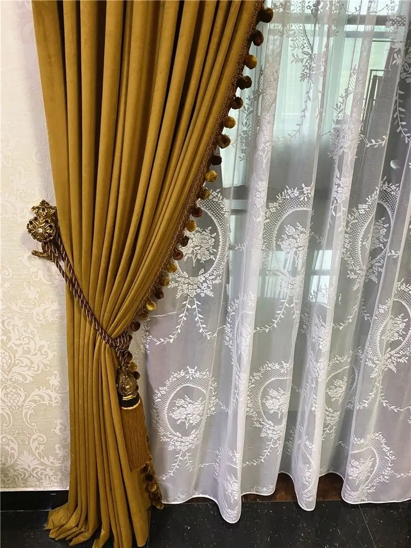 Custom Gorgeous retro gold yellow living room bedroom thick velvet  cloth blackout curtain tulle drape C1888