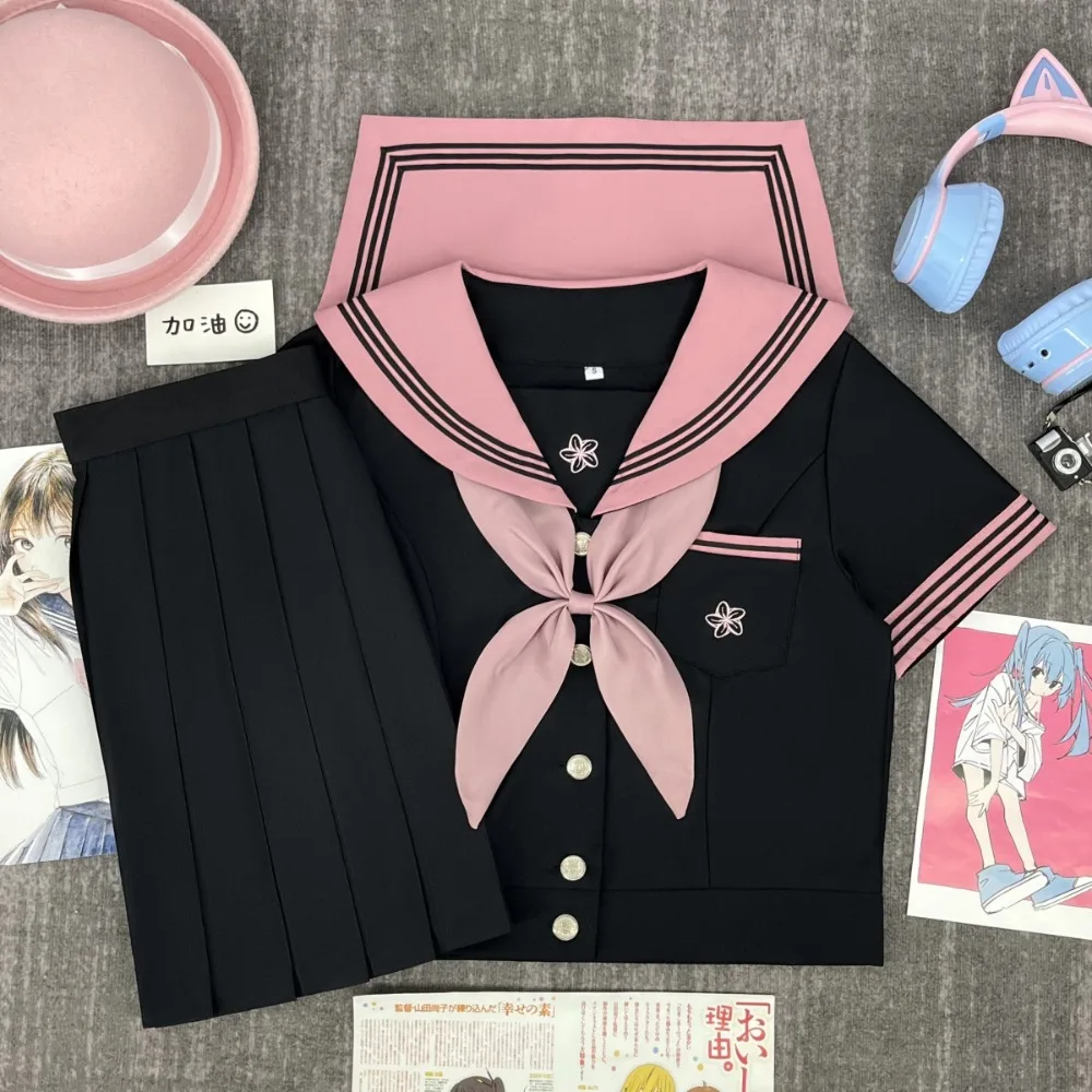 Orthodox Japanese Black Pink Sailor Suit JK Uniform,Embroidery Metal Buckle School Outfit for Graduation Photo Campus Daily Wear