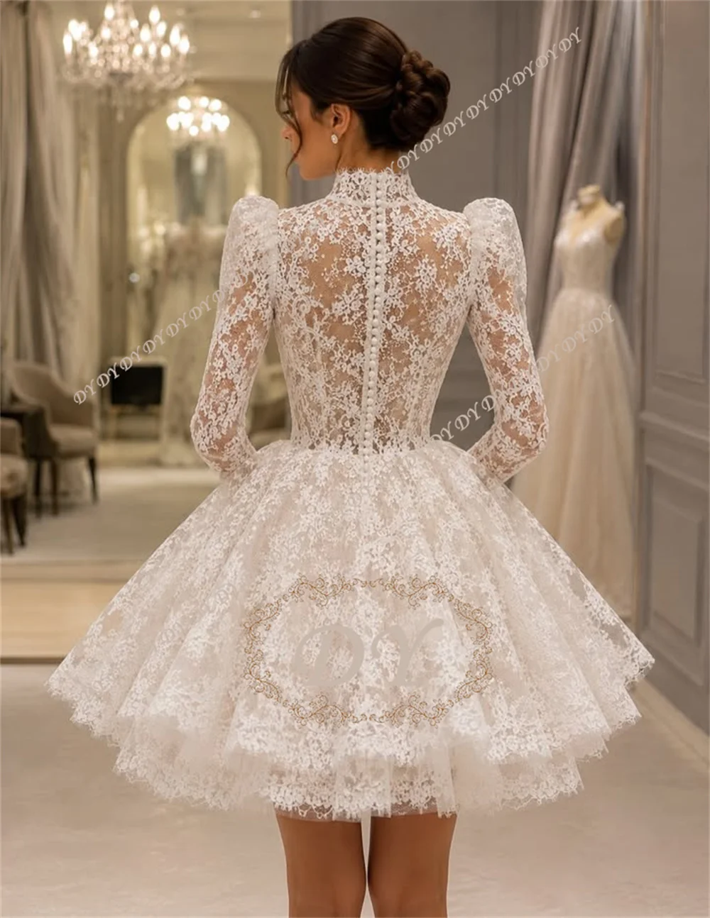 DY Elegant Lace Short Wedding Dress High Neck Full Sleeves Puffy Mini Bridal Gown Customized 2027 Women's Vestido De Noiva
